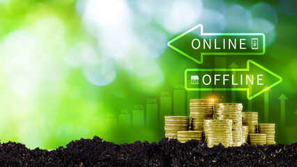 Online vs offline business sales or marketing strategy concept, Transition from offline to online in commerce business.