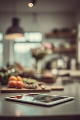 tablet on kitchen countertop displays ar recipe with blurred white text bars covering steps