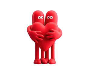 Two red figures hugging a red heart
