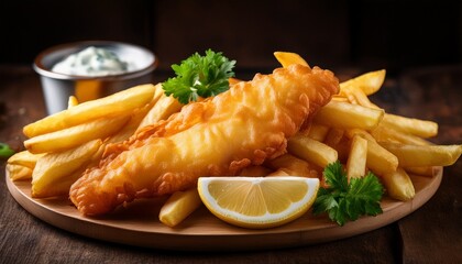 traditional british fish and chips with lemon and parsley on rustic wood table