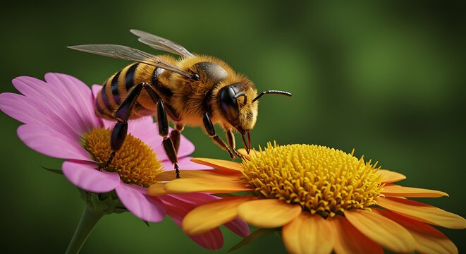 A close-up of a busy honeybee pollinating a beautiful, bright orange and pink flower in a lush green meadow