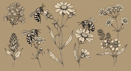 Vintage botanical sketch collection featuring bees pollinating various wildflowers and herbs on a craft paper background