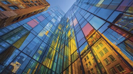 Striking cityscape view of modern glass architecture reflecting surrounding buildings, showcasing vibrant colors and geometric patterns.