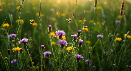 Vibrant summer meadow at sunset with blooming purple knapweed, yellow wildflowers, and buzzing bees in the soft golden light