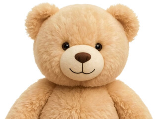 Smiling beige teddy bear, close-up, studio, white background, gift