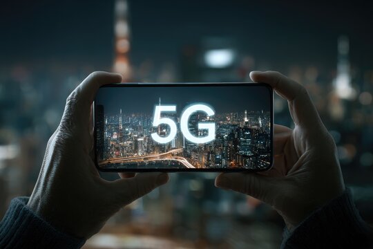 Smartphone displays 5G network cityscape at night. Hands hold phone