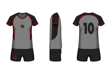 Volleyball jersey mockup grey, black and red colors with front, side and back view.