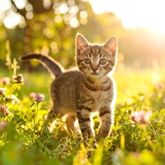 Adorable kitten in a grassy field