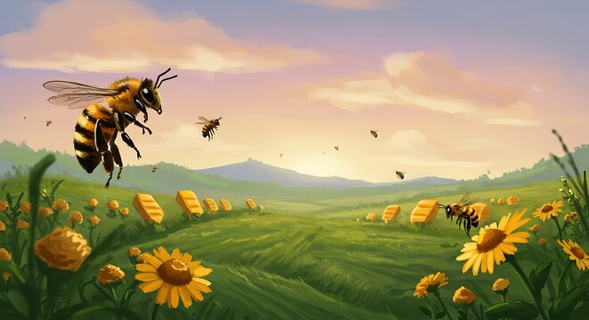 Golden hour over a lush meadow apiary with honeybees buzzing around vibrant wildflowers and hives