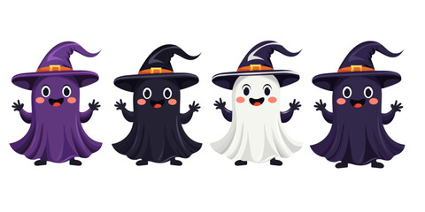 Set of cute ghost in black, purple, white cloak and witch hat with smile, big eyes. Vector illustration for Halloween. Child character on white background