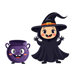 Cheerful witch with rosy cheeks smiles sweetly and dances near a cauldron of potion. Children's vector illustration for Halloween, white background.