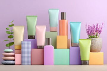 Colorful cosmetic products displayed on tiered pastel-colored blocks