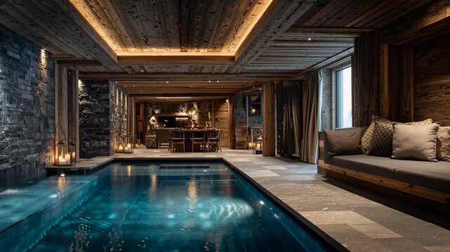 Relaxing atmosphere with illuminated pool in a mountain chalet with wooden ceiling and stone wall