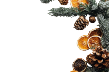 Christmas-themed arrangement of pine branches, pine cones, and dried orange slices