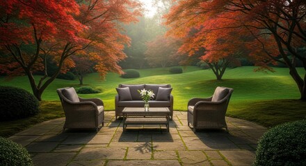 Outdoor patio furniture set in a serene autumn garden