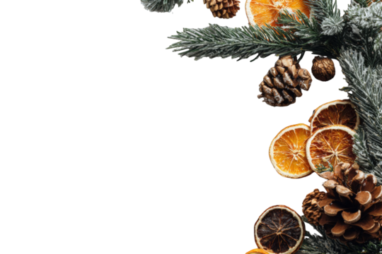 Christmas-themed arrangement of pine branches, pine cones, and dried orange slices