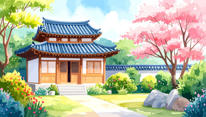 Beautiful Korean traditional house in a serene garden setting.