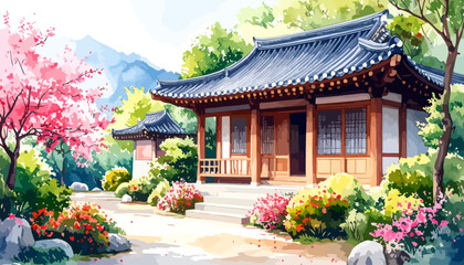 Beautiful Traditional Korean House in a Garden.
