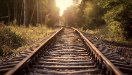 Fototapeta premium Sunlit railway track through forest