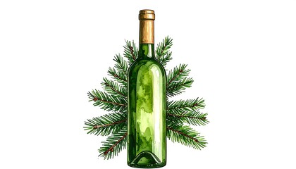 Green wine bottle with pine boughs