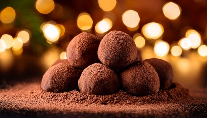 delicious mound of chocolate truffles generously dusted with cocoa powder rests invitingly on a dark surface glowing with warm blurry background lights