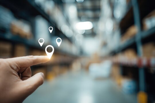 Hand hovering over location markers in a warehouse