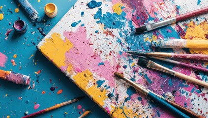 Colorful art supplies on a canvas