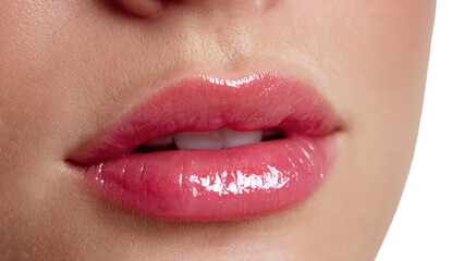 Fototapeta premium Close-up of woman's lips with glossy pink lipstick