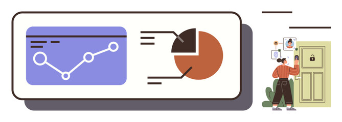 Analytics dashboard displaying graph and chart, person accessing a locked door using visual identification. Ideal for security, data analytics, privacy, authentication, identity management