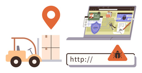 Forklift carrying boxes, browser interface with security elements, warning sign, showing cyber risks and online data vulnerabilities. Ideal for cybersecurity, e-commerce, logistics, digital supply