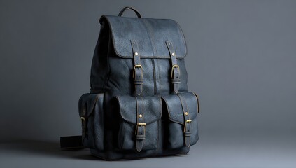 Dark navy blue backpack with multiple pockets and buckles