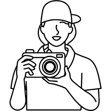 recommend clip art: Woman photographer holding camera line art illustration for photography and travel content creation design