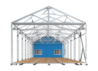 Modern Prefabricated Building Structure with Blue Wall and Wood Floor isolated on a transparent background