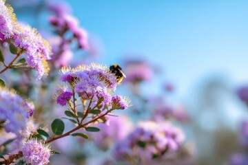 Close-up of vibrant purple flowers, a bee, and a soft blue sky