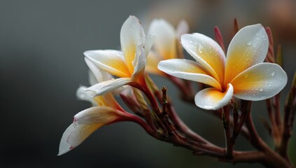 Fototapeta premium Close-up of several plumeria blossoms, white and pale yellow with water droplets