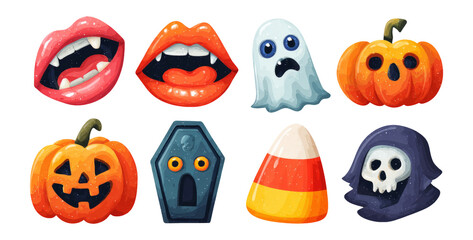 Colorful Halloween Icons with Ghosts, Pumpkins, and Candy Elements
