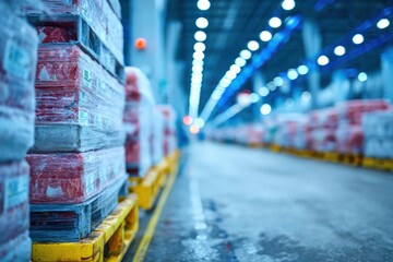 Refrigerated warehouse interior with pallets of frozen food