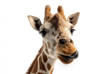 Naklejka premium Close-up of a giraffe's head and neck against a white background