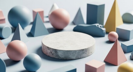 Pastel geometric shapes surrounding a light gray marble podium