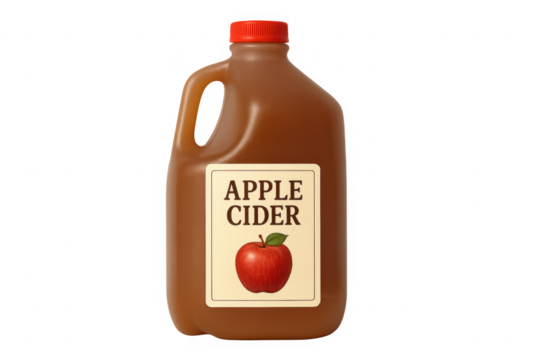 Plastic gallon jug of apple cider on transparent background