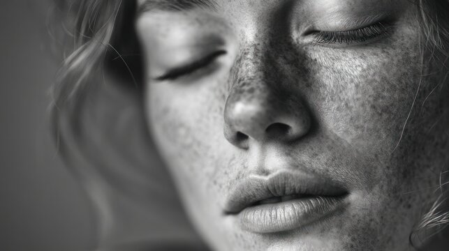 Close-up grayscale portrait of a woman with freckles - Powered by Adobe