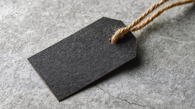 close-up of single dark matte price tag with sturdy twine cord on light grey surface, fine cut edges, minimalist retail promotion theme with lots of empty space