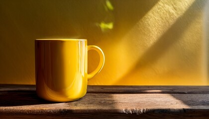 a vibrant yellow mug sits on a wooden table illuminated by natural light pouring in from a nearby window
