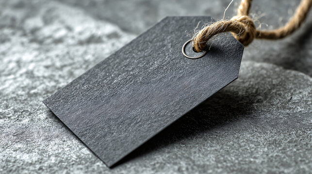close-up of single dark matte price tag with sturdy twine cord on light grey surface, fine cut edges, minimalist retail promotion theme with lots of empty space