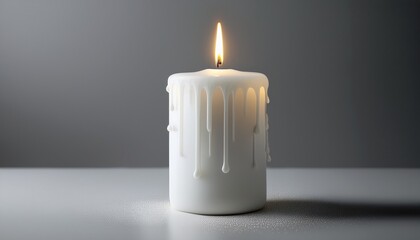 elegant white candle with dripping wax on soft gray background for relaxing atmosphere