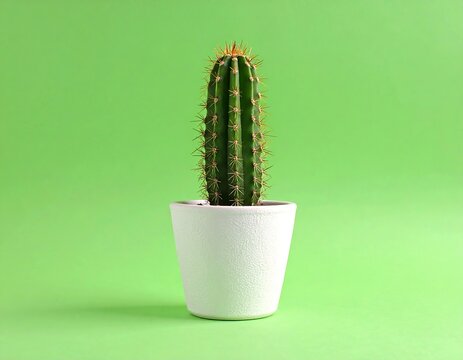 A single green cactus in a white pot against a lime green background