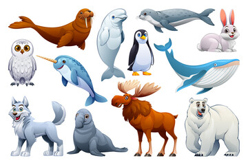 Collection of polar animals including a walrus, beluga, seal, penguin, bunny, owl, narwhal, wolf, moose, and polar bear. Vector cartoon illustration
