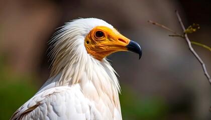 Majestic bird with striking yellow face and white feathers perched amidst natural greenery