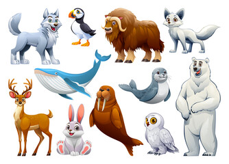 Set of arctic animals including a wolf, puffin, musk ox, fox, deer, whale, walrus, seal, bunny, owl, and polar bear. Vector cartoon illustration © YG Studio