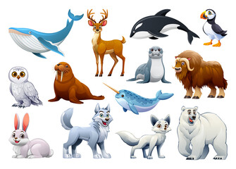 Collection of arctic animals such as a whale, deer, killer whale, puffin, owl, walrus, seal, musk ox, narwhal, wolf, fox, bunny, and polar bear. Vector cartoon illustration © YG Studio